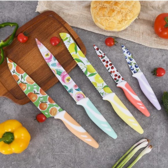 10 pc - Multicolored Fruit Kitchen Knife Set - Nonstick w/ 5 Blade Guards - Picture 6 of 11